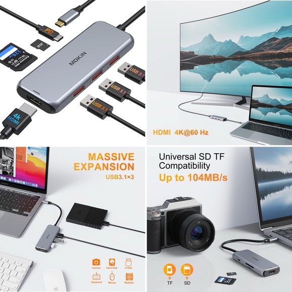 USB C Hub, USB C Adapter for MacBook Pro, 7 in 1 Multiport Mac Dongle w/4K/60Hz - Picture 6 of 12